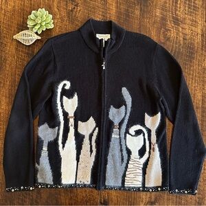 Coldwater Creek | Black Zip Cardigan w/Bejeweled/Sequinned Cat Graphics, Size 1X